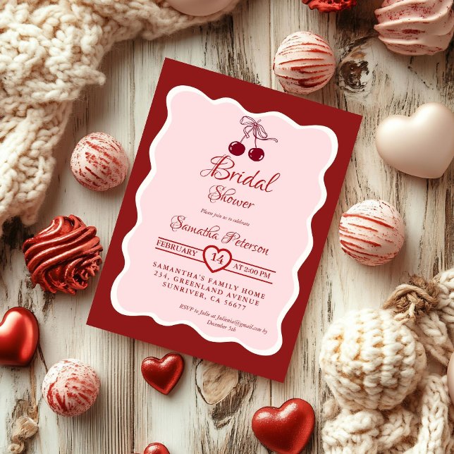 Invitación Red Velvet Valentine cherry bow Bridal Shower (Subido por el creador)