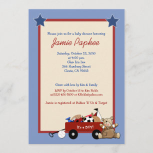 Invitación Red Wagon Teddy Bear 5x7 Sports Baby Shower