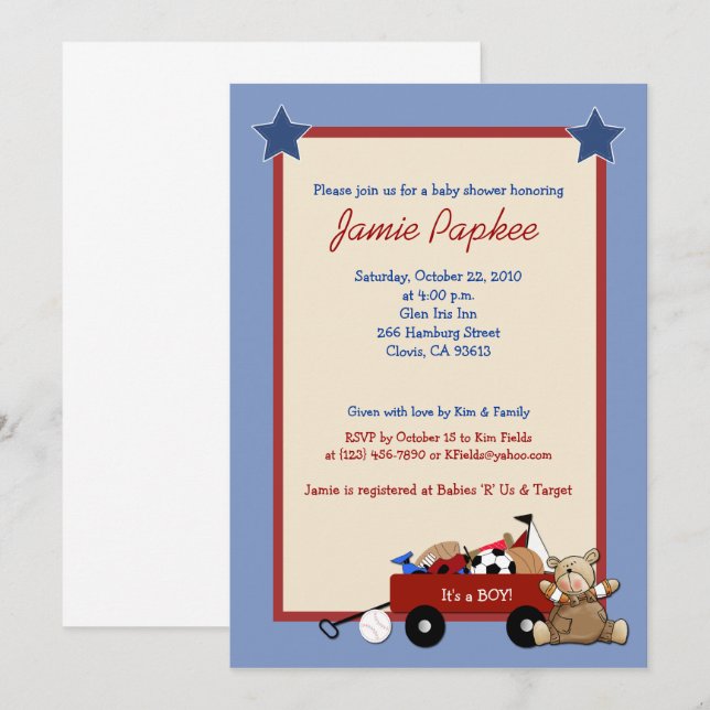 Invitación Red Wagon Teddy Bear Sports Boy Baby Shower (Anverso / Reverso)