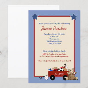 Invitación Red Wagon Teddy Bear Sports Boy Baby Shower