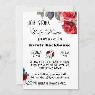 Invitación Red Watercolor Flower Baby Shower