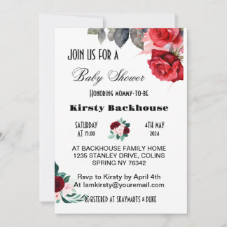 Invitación Red Watercolor Flower Baby Shower