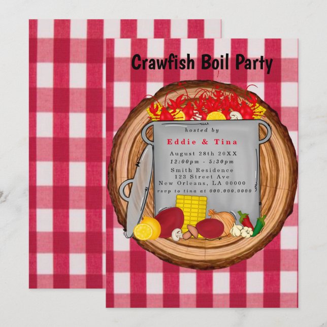 Invitación Red Watercolor Gingham Crawfish Boil Fiesta (Anverso / Reverso)