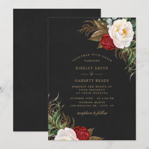 Invitación Red Watercolor Peonies Floral Black Gold Boda