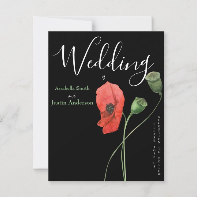 Invitación Red Watercolor Poppies Black Boda (Anverso)