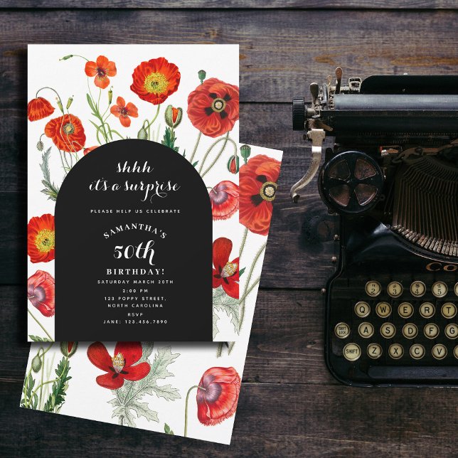 Invitación Red Watercolor Poppies Florals Surprise Cumpleaños (Red Watercolor Poppies Florals Surprise Birthday Invitation)