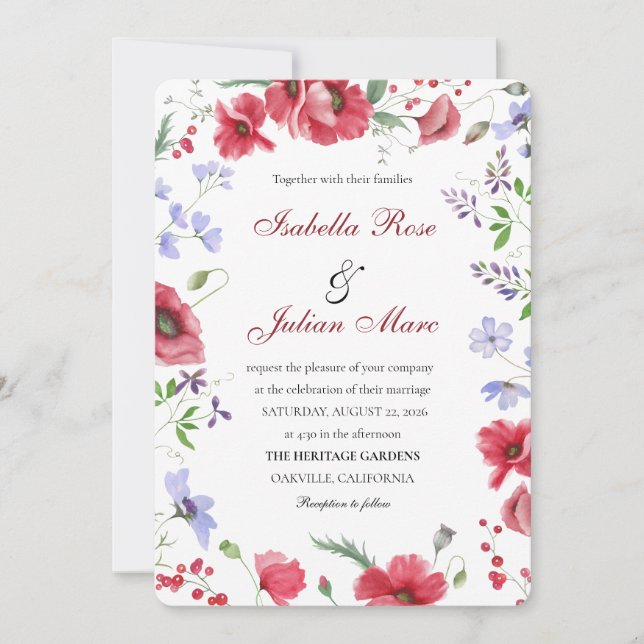 Invitación Red Watercolor Poppy & Lavender Floral Wedding (Anverso)
