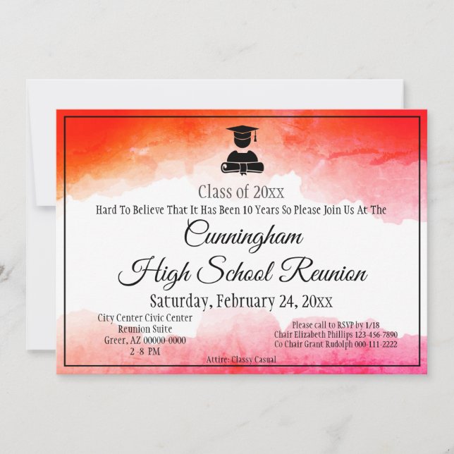Invitación Red Watercolor White High School Reunion (Anverso)