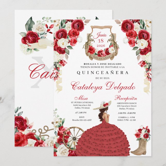 Invitación Red Western Fiesta Charro Quinceañera (Anverso / Reverso)