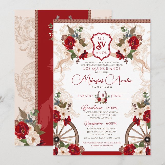 Invitación Red Western Floral Barroco Charro Quinceañera (Anverso / Reverso)