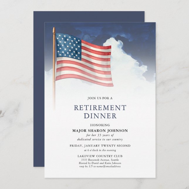 Invitación Red White Blue Military American Flag Retirement (Anverso / Reverso)