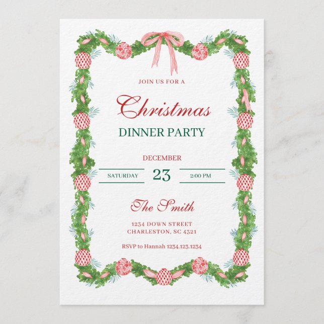 Invitación Red & White Chinoiserie Garland Grandmillennial (Anverso)