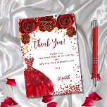 Invitación Red white dress floral birthday thank you card<br><div class="desc">A feminine and elegant birthday thank you card. A white background,   with red faux glitter,  sparkles,  red roses and a red dress.  On front a large hand lettered script and the text: Thank You.</div>