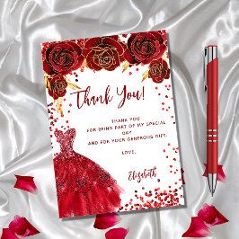 Invitación Red white dress floral birthday thank you card
