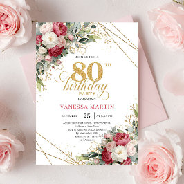 Invitación Red white floral chic 80th birthday invitation 