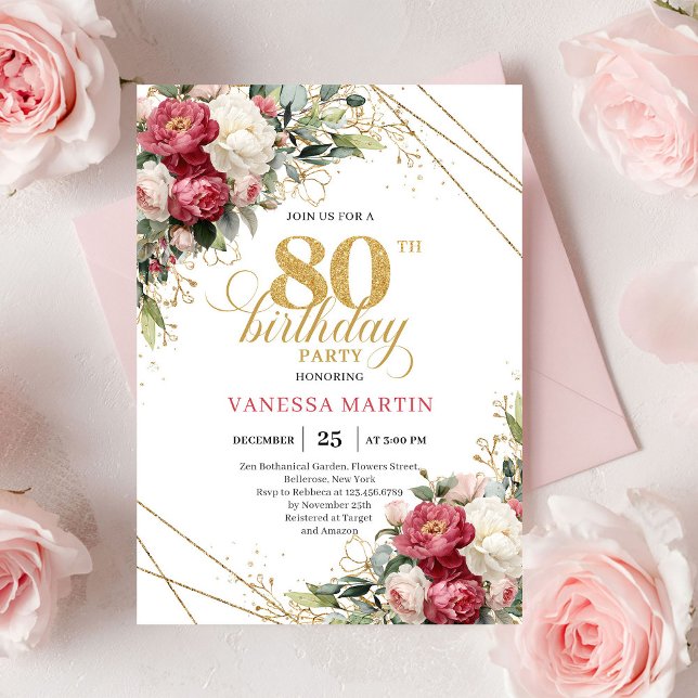 Invitación Red white floral gold accent card 80th birthday  (Red white floral gold accent card 80th birthday invitation

)