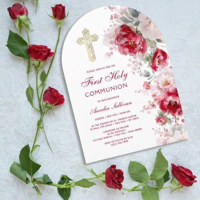 Invitación Red White Flowers Arch First Communion (Subido por el creador)