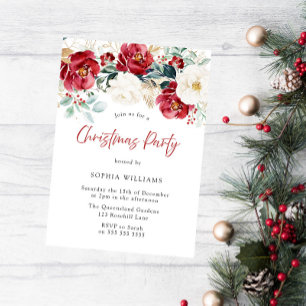 Invitación Red White Green Floral Family Christmas Party