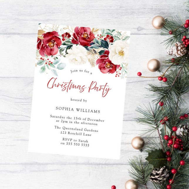 Invitación Red White Green Floral Family Christmas Party (Subido por el creador)