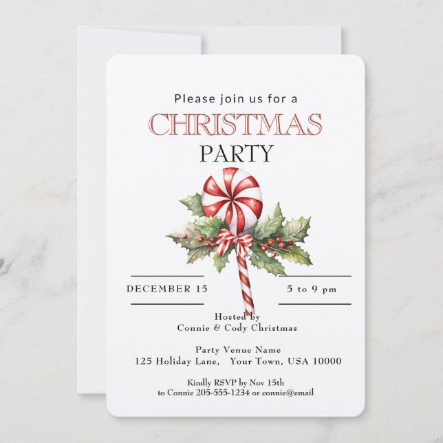 Invitación Red & White Striped Lollipop, Christmas Party  (Anverso)