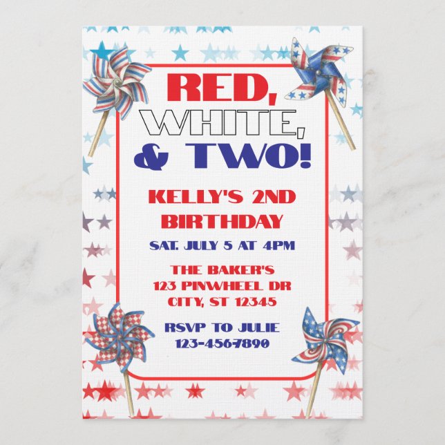 Invitación Red, White, & Two, 2nd Birthday (Anverso)
