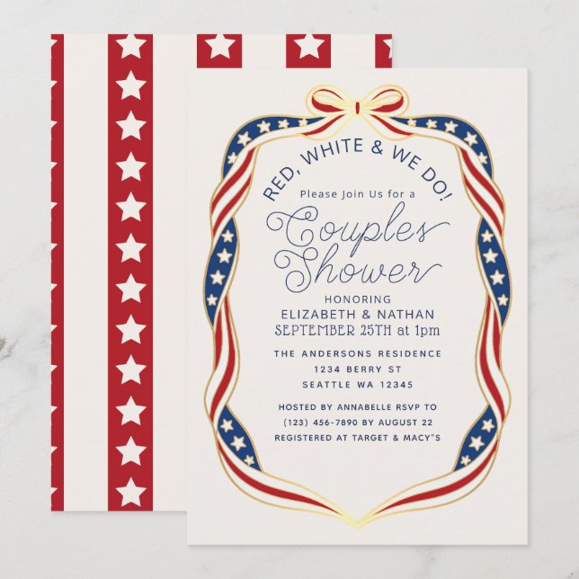 Invitación Red White & We Do Ribbon Wedding Couples Shower (Anverso / Reverso)