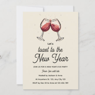 Invitación Red Wine Glasses Hand Drawn New Year's Eve Party