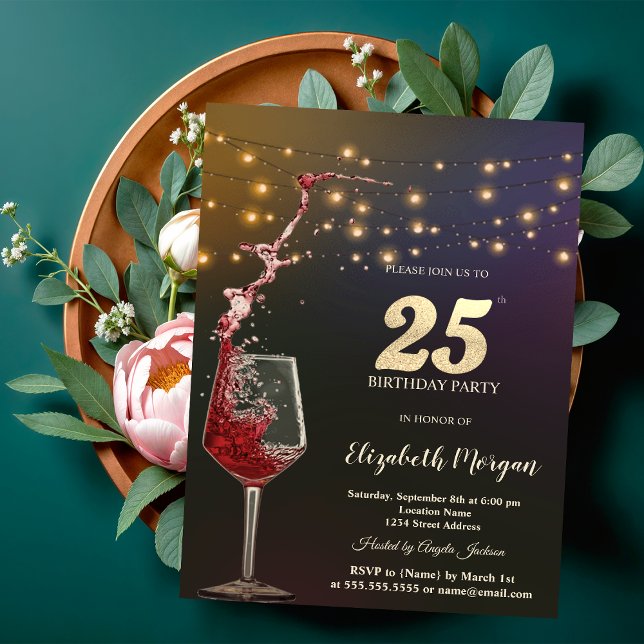Invitación Red Wine String Lights 25th Birthday Party (Subido por el creador)