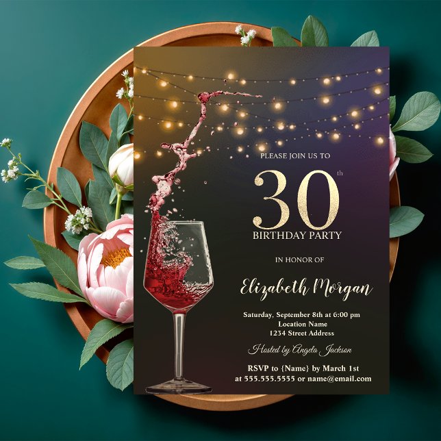 Invitación Red Wine String Lights 30th Birthday Party (Subido por el creador)