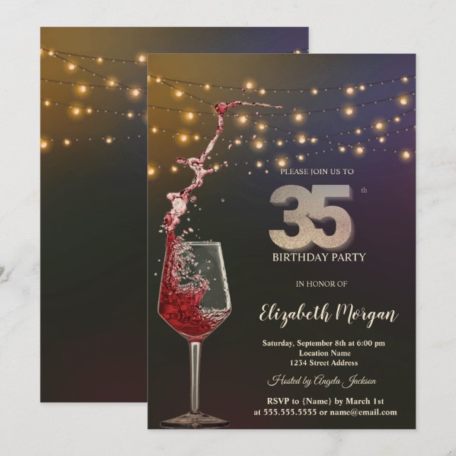 Invitación Red Wine String Lights 35th Birthday Party (Anverso / Reverso)