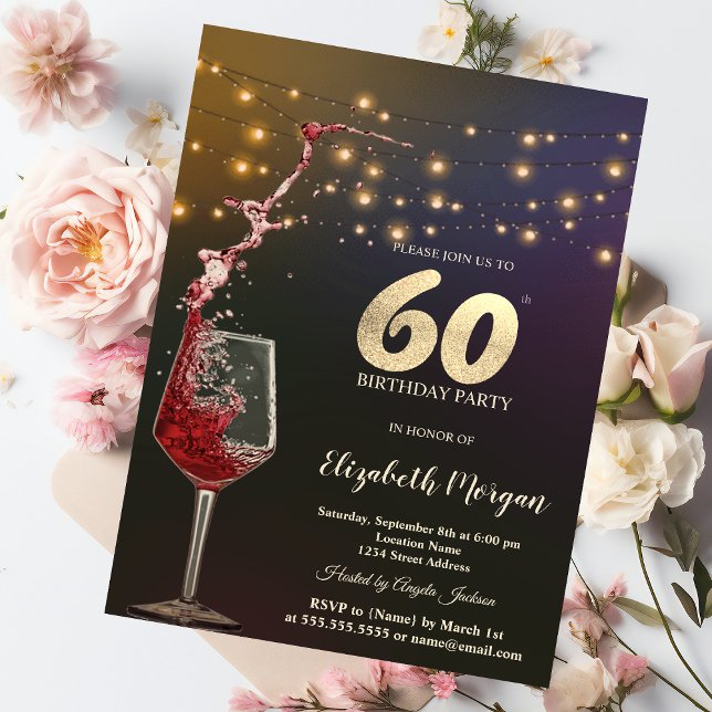 Invitación Red Wine String Lights 60th Birthday Party (Subido por el creador)