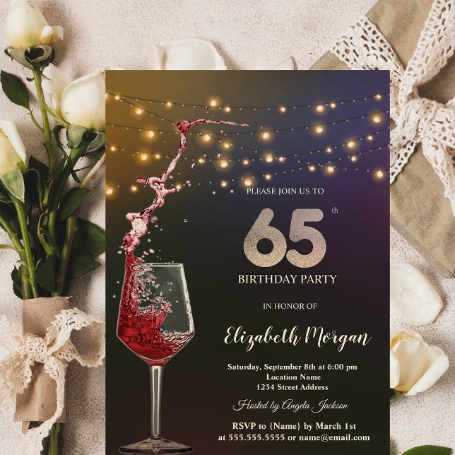 Invitación Red Wine String Lights 65th Birthday Party (Subido por el creador)