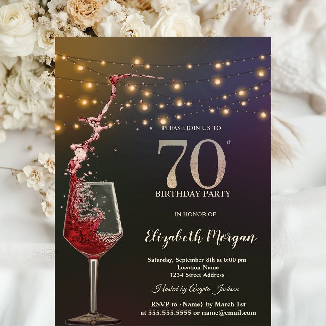 Invitación Red Wine String Lights 70th Birthday Party (Subido por el creador)