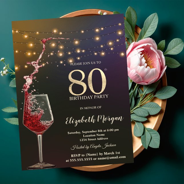 Invitación Red Wine String Lights 80th Birthday Party (Subido por el creador)