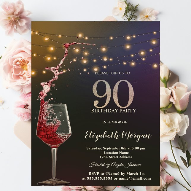 Invitación Red Wine String Lights 90th Birthday Party (Subido por el creador)