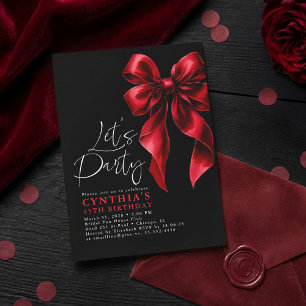 Invitación Red y Black Bow Lujo Elegante Gala Cumpleaños
