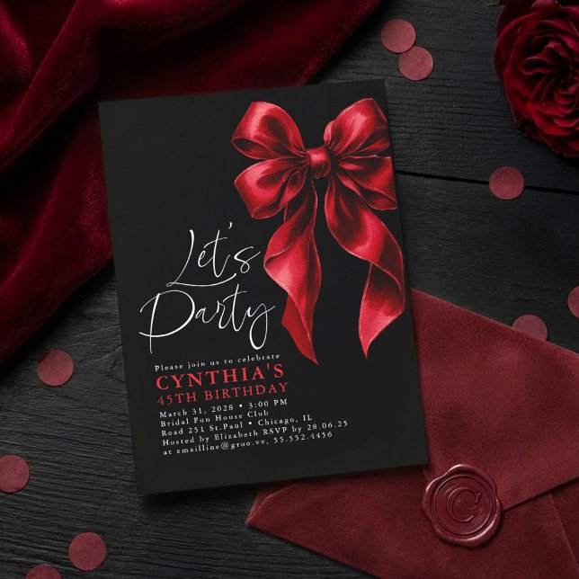 Invitación Red y Black Bow Lujo Elegante Gala Cumpleaños (Red Bow Black Birthday Invitations)