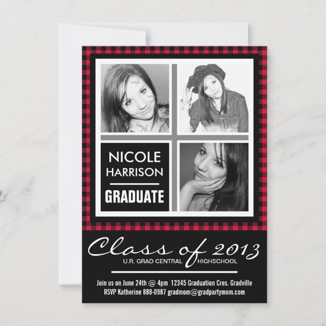 Invitación Red y Black Plaid Gingham 3 Foto Grad Fiesta (Anverso)