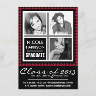Invitación Red y Black Plaid Gingham 3 Foto Grad Fiesta