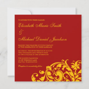 Invitación Red y Boda de Swirl con flores de oro