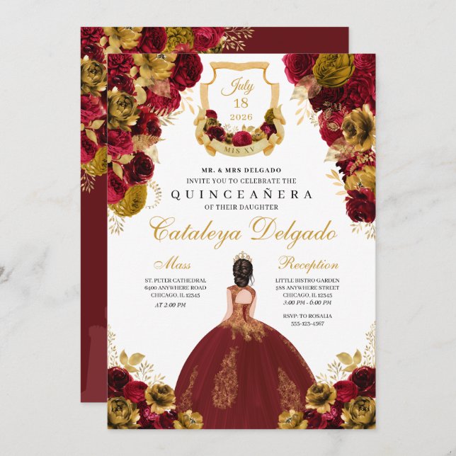 Invitación Red y Gold Floral Elegante Quinceañera (Anverso / Reverso)