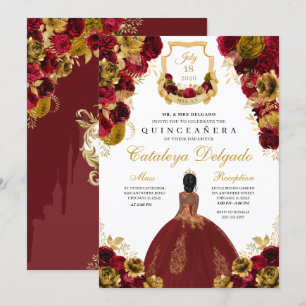 Invitación Red y Gold Floral Elegante Quinceañera