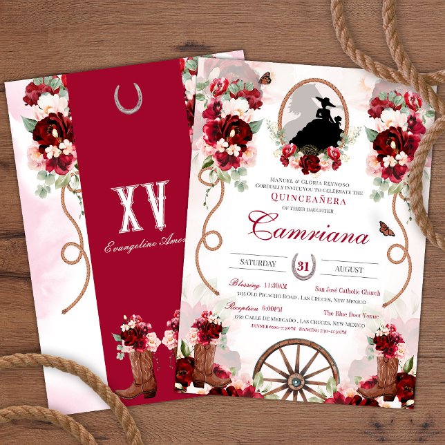 Invitación Red y Rubor Rustic Elegance Charro Quinceanera (Subido por el creador)
