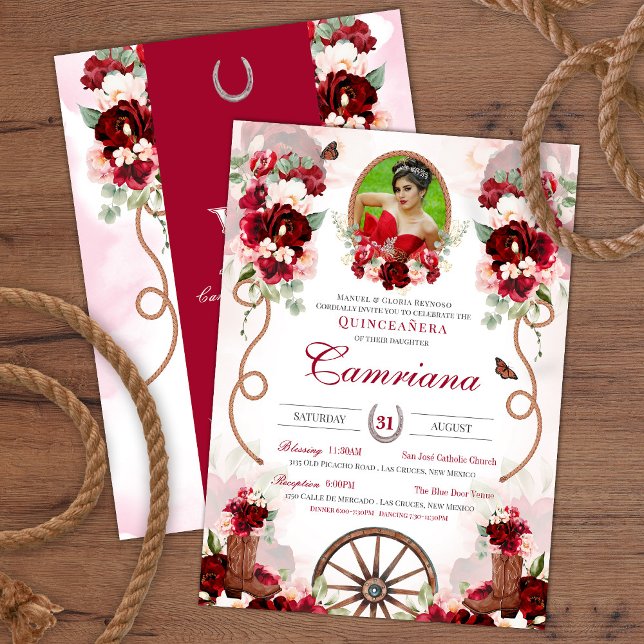Invitación Red y Rubor Western Charro Añadir foto Quinceanera (Subido por el creador)
