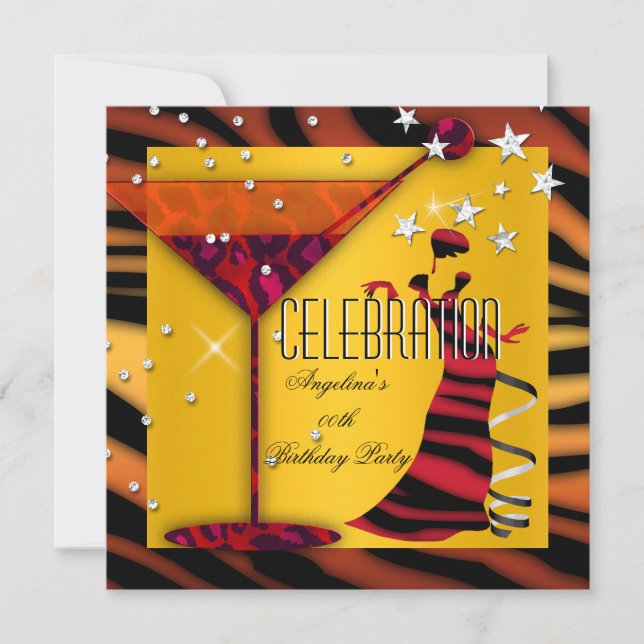 Invitación Red Yellow Gold Zebra Glass Deco Lady Fiesta (Anverso)