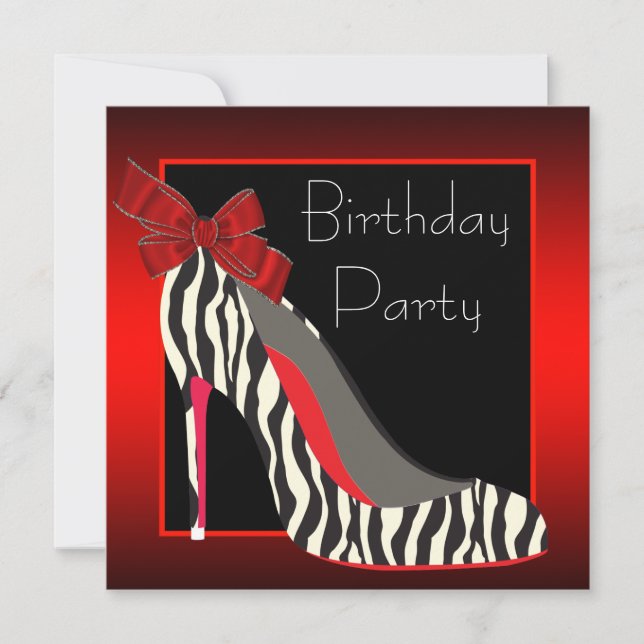 Invitación Red Zebra High Heel Shoes Red Zebra Birthday Party (Anverso)