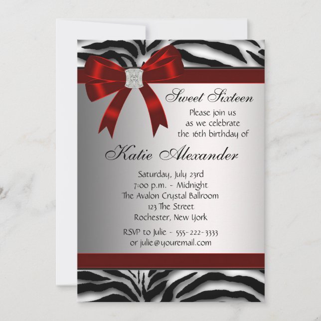Invitación Red Zebra Sweet Sixteen Birday Party (Anverso)