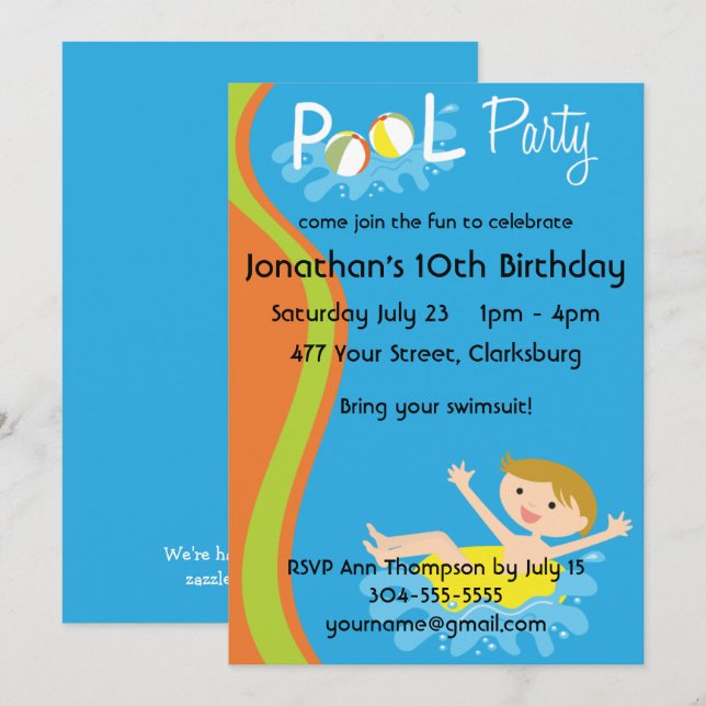 Invitación Redhead del muchacho de la fiesta en la piscina (Anverso / Reverso)