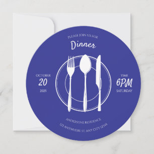 Invitación redonda azul y blanca para cena