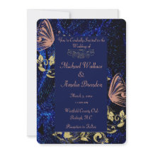 Invitación redonda de Boda de mariposa de oro azul